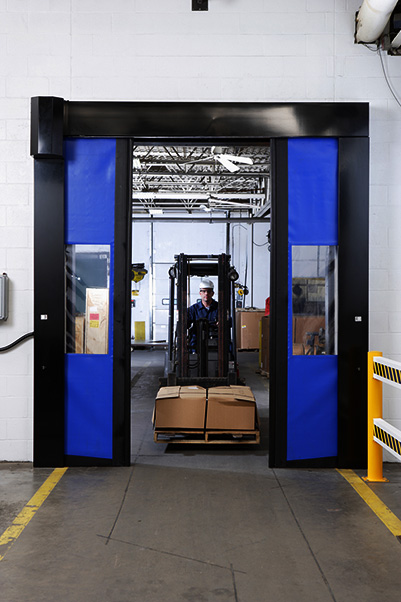 High speed split forklift door